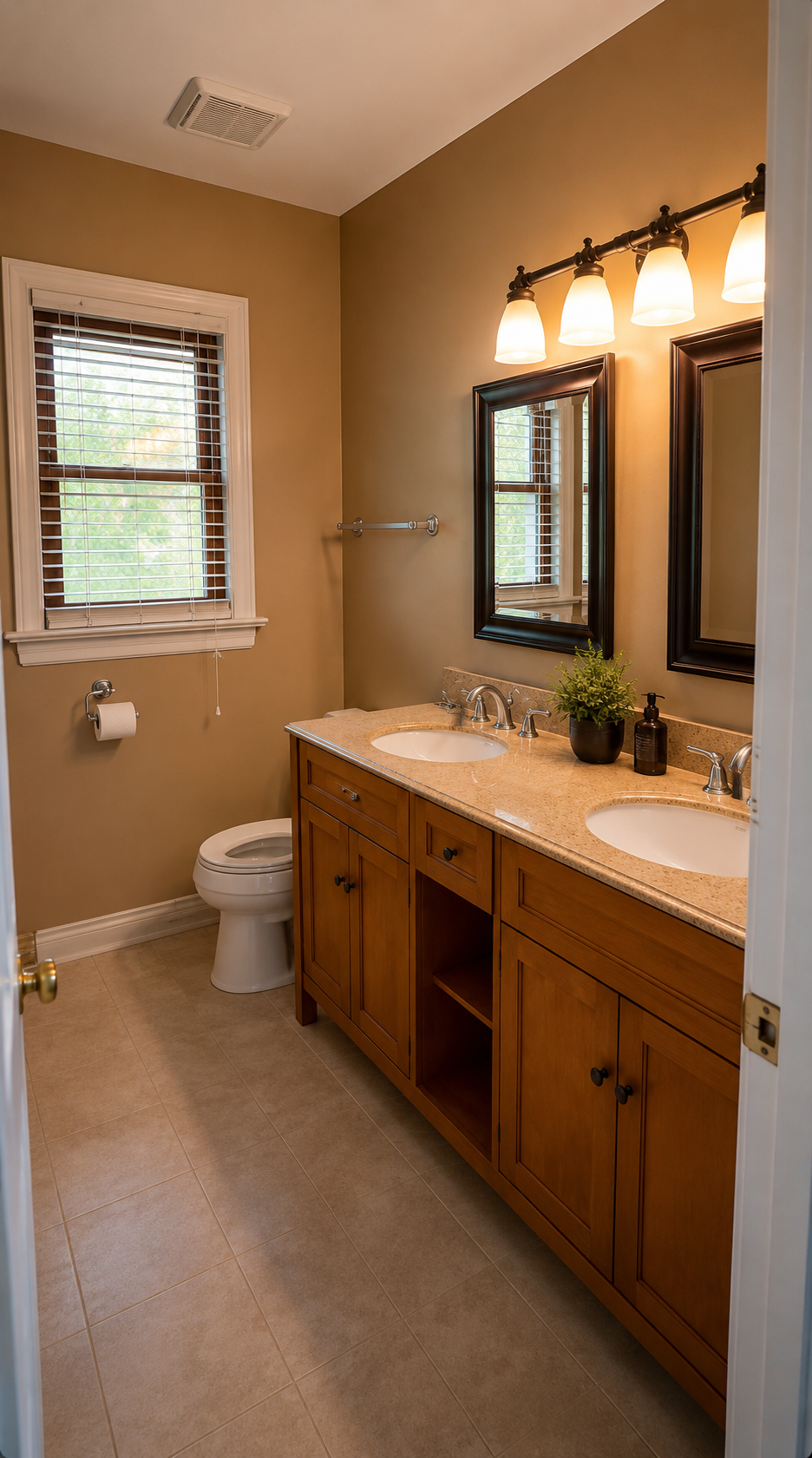 A bathroom suite with double vanity