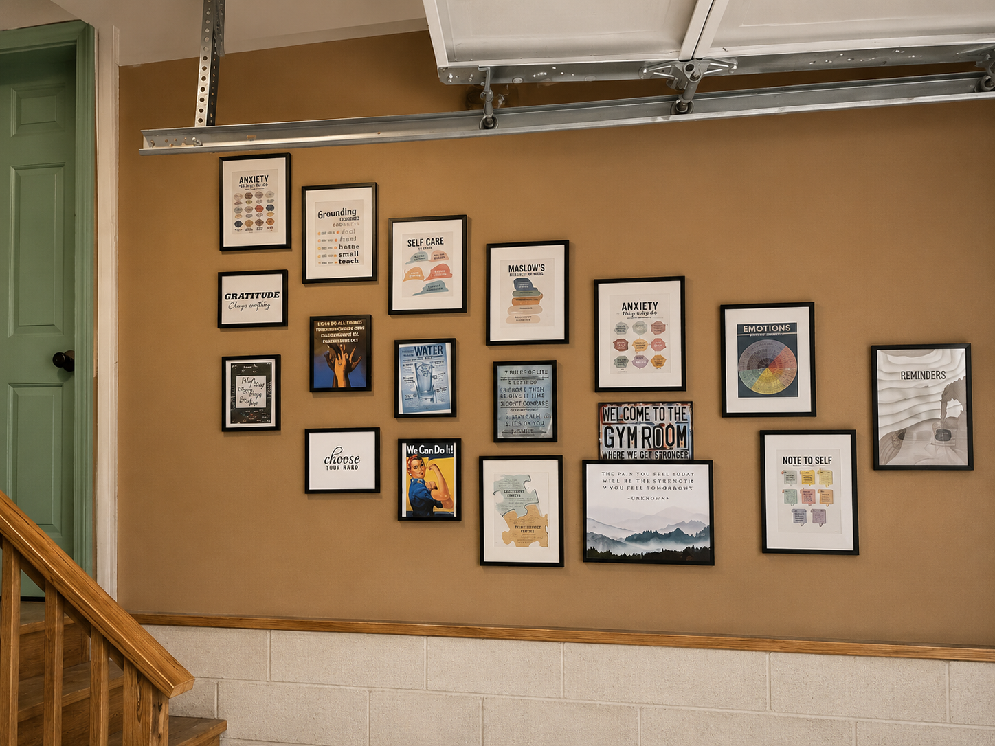 A wall of framed photos and recreation space