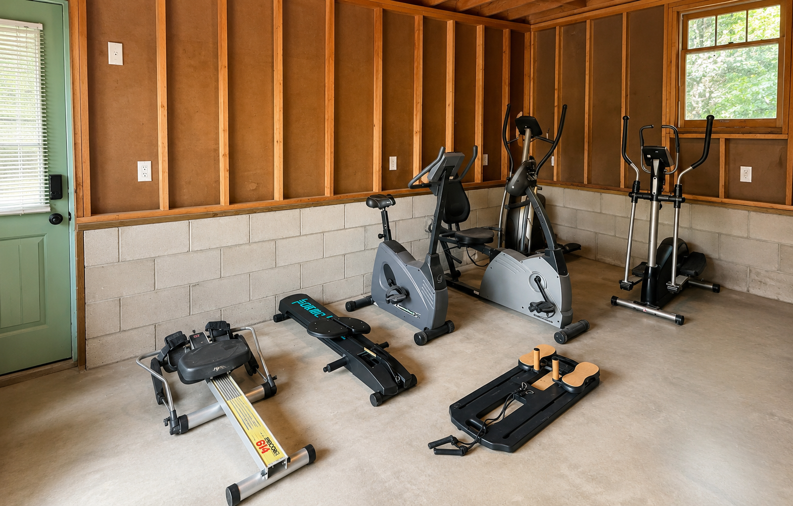 Gym equipment in the garage wellness space
