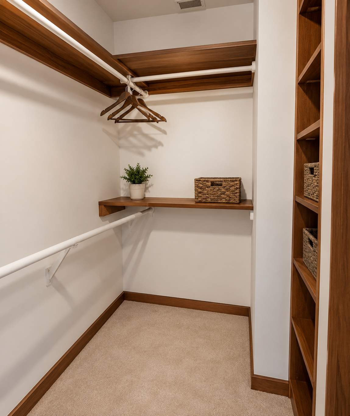 A walk-in closet with built-in storage